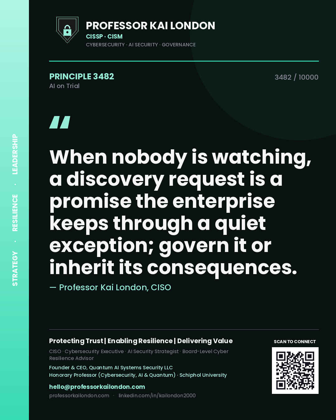 Quote card by Professor Kai London reading 'When nobody is watching, a discovery request is a promise the enterprise keeps through a quiet exception; govern it or inherit its consequences.'. From the book AI on Trial.