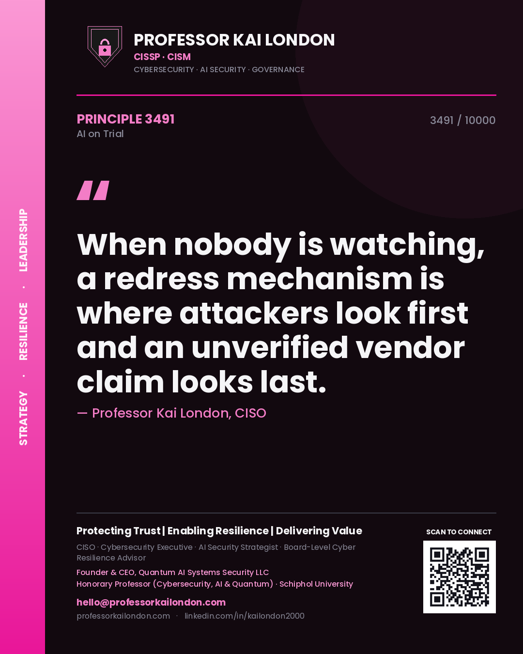 Quote card by Professor Kai London reading 'When nobody is watching, a redress mechanism is where attackers look first and an unverified vendor claim looks last.'. From the book AI on Trial.