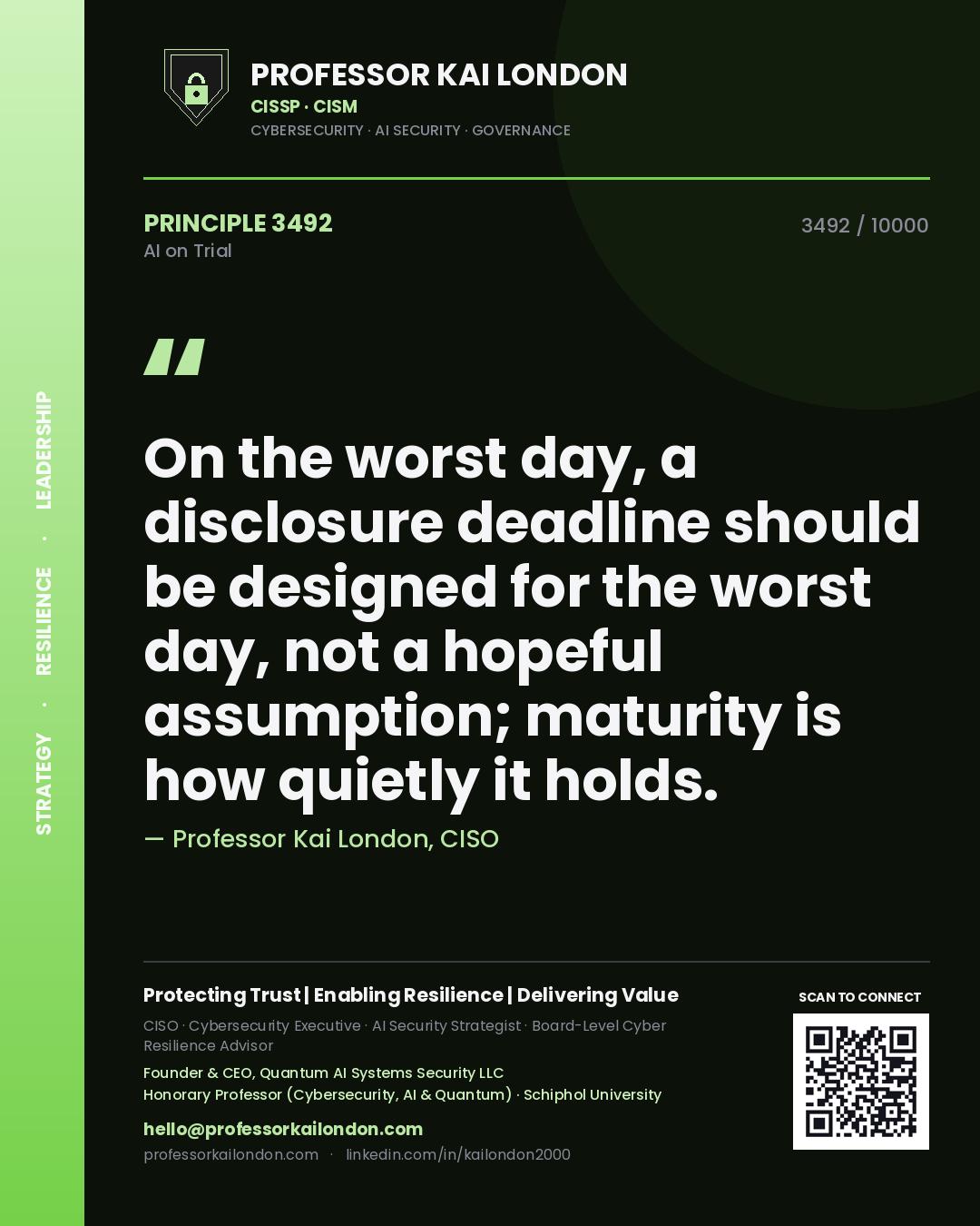 Quote card by Professor Kai London reading 'On the worst day, a disclosure deadline should be designed for the worst day, not a hopeful assumption; maturity is how quietly it holds.'. From the book AI on Trial.