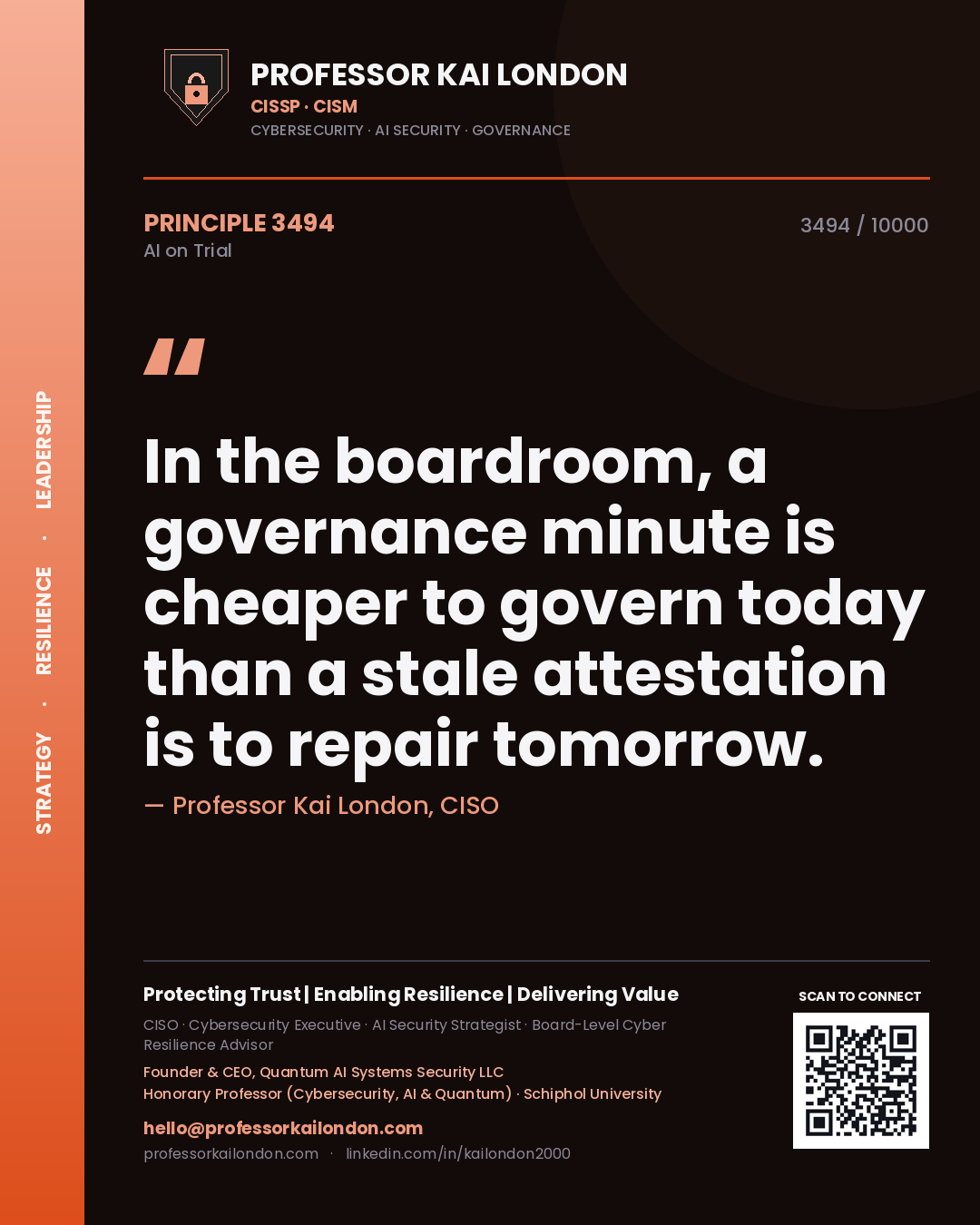 Quote card by Professor Kai London reading 'In the boardroom, a governance minute is cheaper to govern today than a stale attestation is to repair tomorrow.'. From the book AI on Trial.