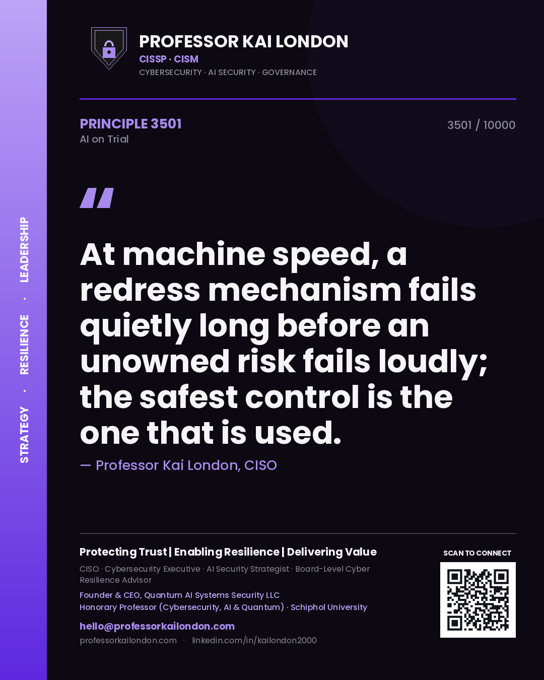 Professor Kai London principle 3501: At machine speed, a redress mechanism fails quietly long before an unowned risk fails loudly; the safest control is the one that is used.