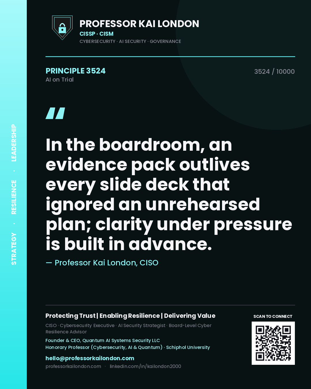 Quote card by Professor Kai London reading 'In the boardroom, an evidence pack outlives every slide deck that ignored an unrehearsed plan; clarity under pressure is built in advance.'. From the book AI on Trial.