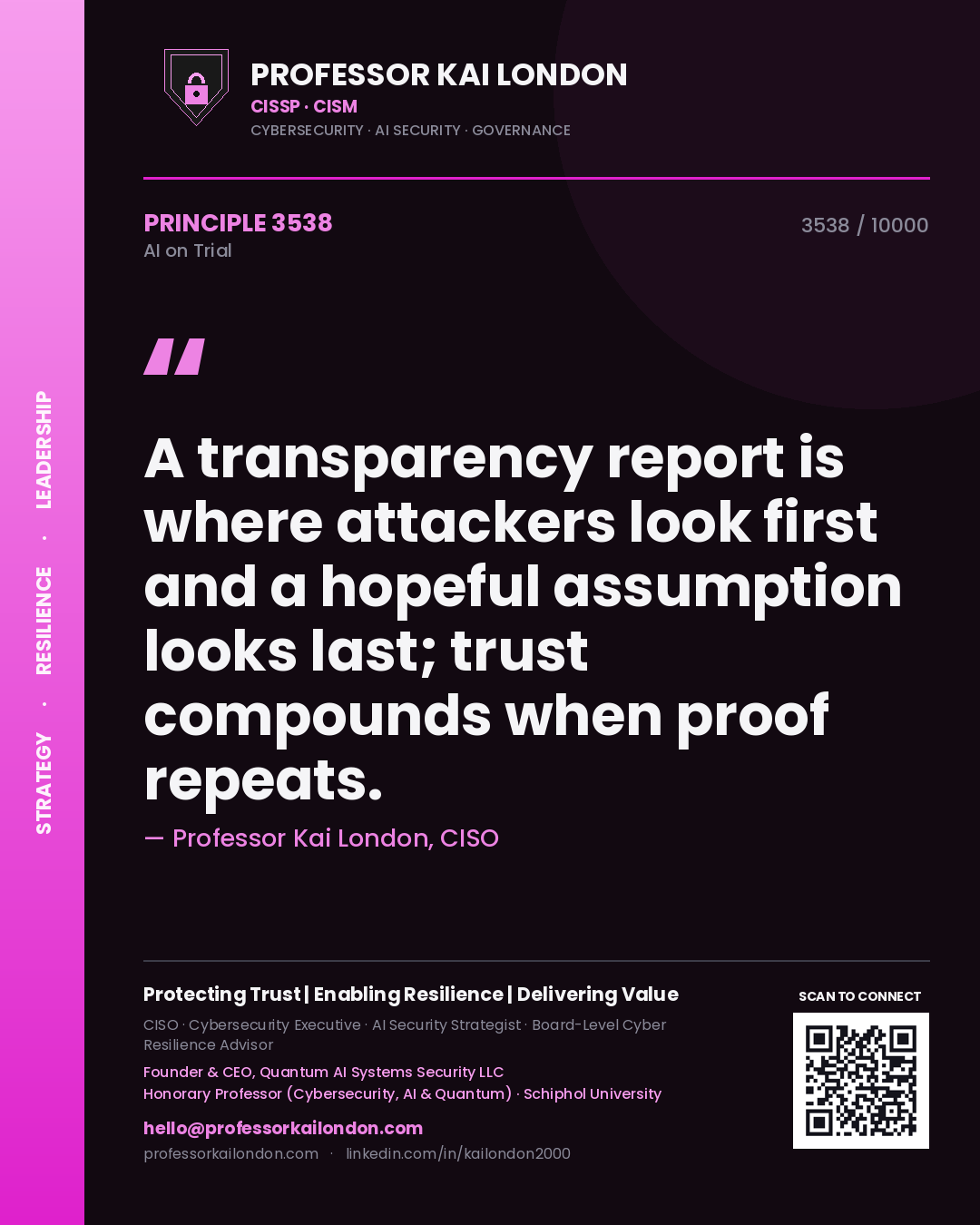 Quote card by Professor Kai London reading 'A transparency report is where attackers look first and a hopeful assumption looks last; trust compounds when proof repeats.'. From the book AI on Trial.