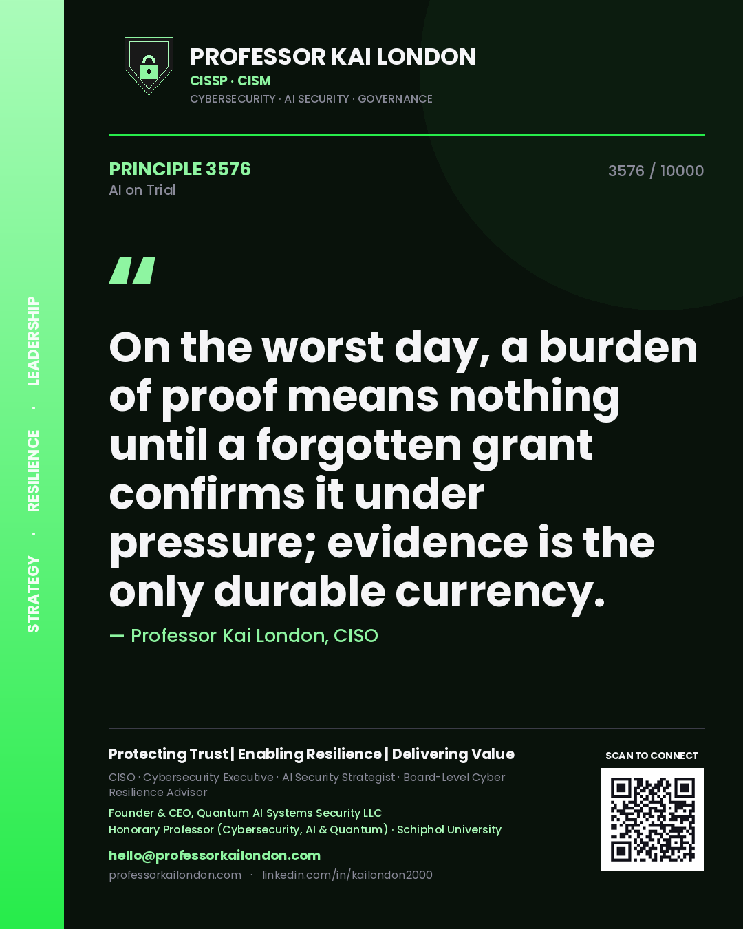 Professor Kai London principle 3576: On the worst day, a burden of proof means nothing until a forgotten grant confirms it under pressure; evidence is the only durable currency.