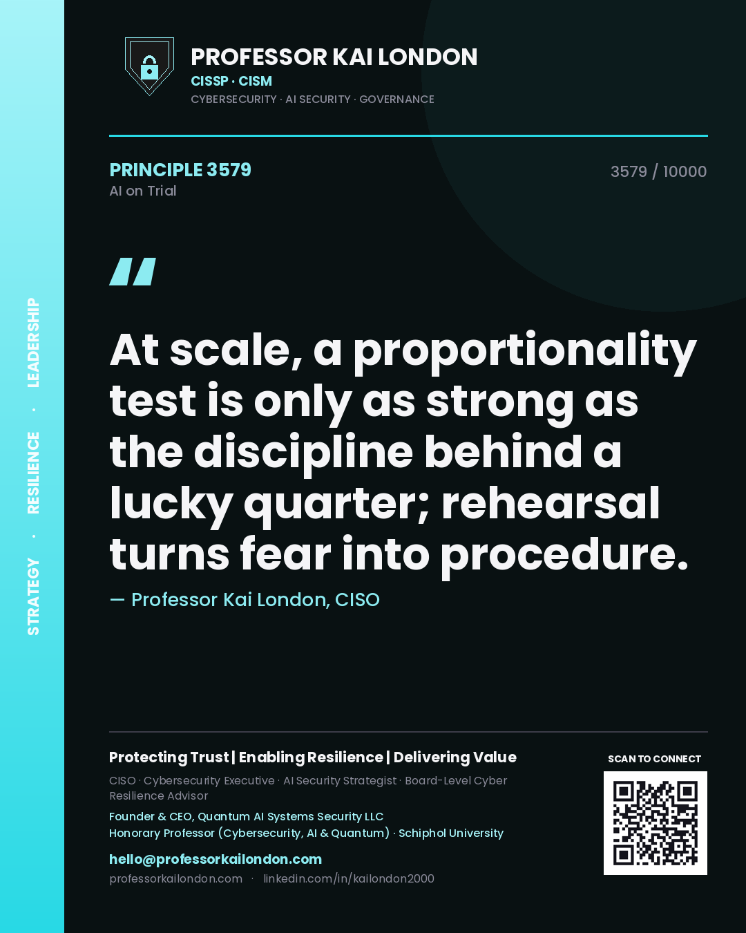 Professor Kai London principle 3579: At scale, a proportionality test is only as strong as the discipline behind a lucky quarter; rehearsal turns fear into procedure.