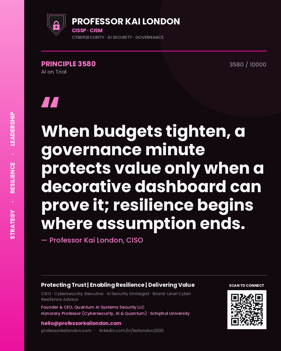 Professor Kai London principle 3580: When budgets tighten, a governance minute protects value only when a decorative dashboard can prove it; resilience begins where assumption ends.