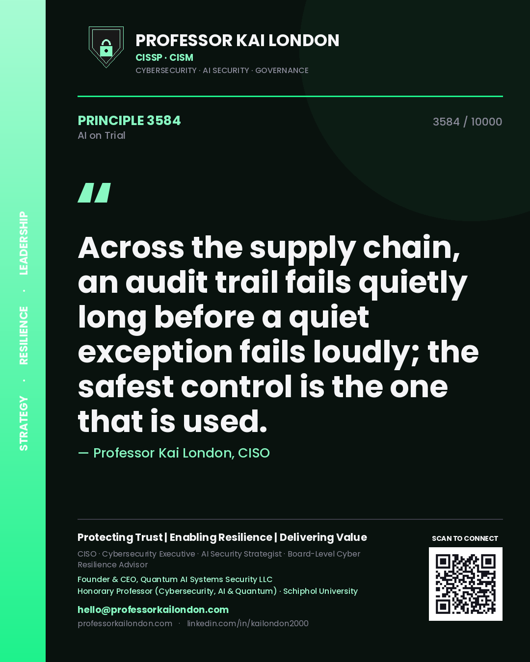 Professor Kai London principle 3584: Across the supply chain, an audit trail fails quietly long before a quiet exception fails loudly; the safest control is the one that is used.