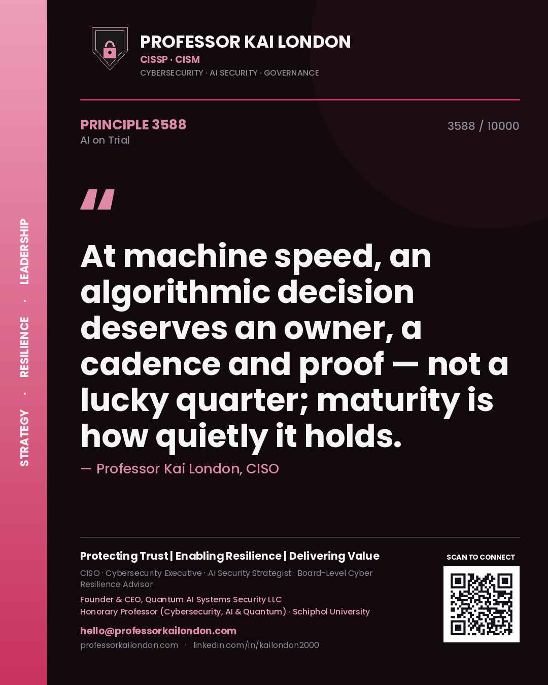 Quote card by Professor Kai London reading 'At machine speed, an algorithmic decision deserves an owner, a cadence and proof — not a lucky quarter; maturity is how quietly it holds.'. From the book AI on Trial.
