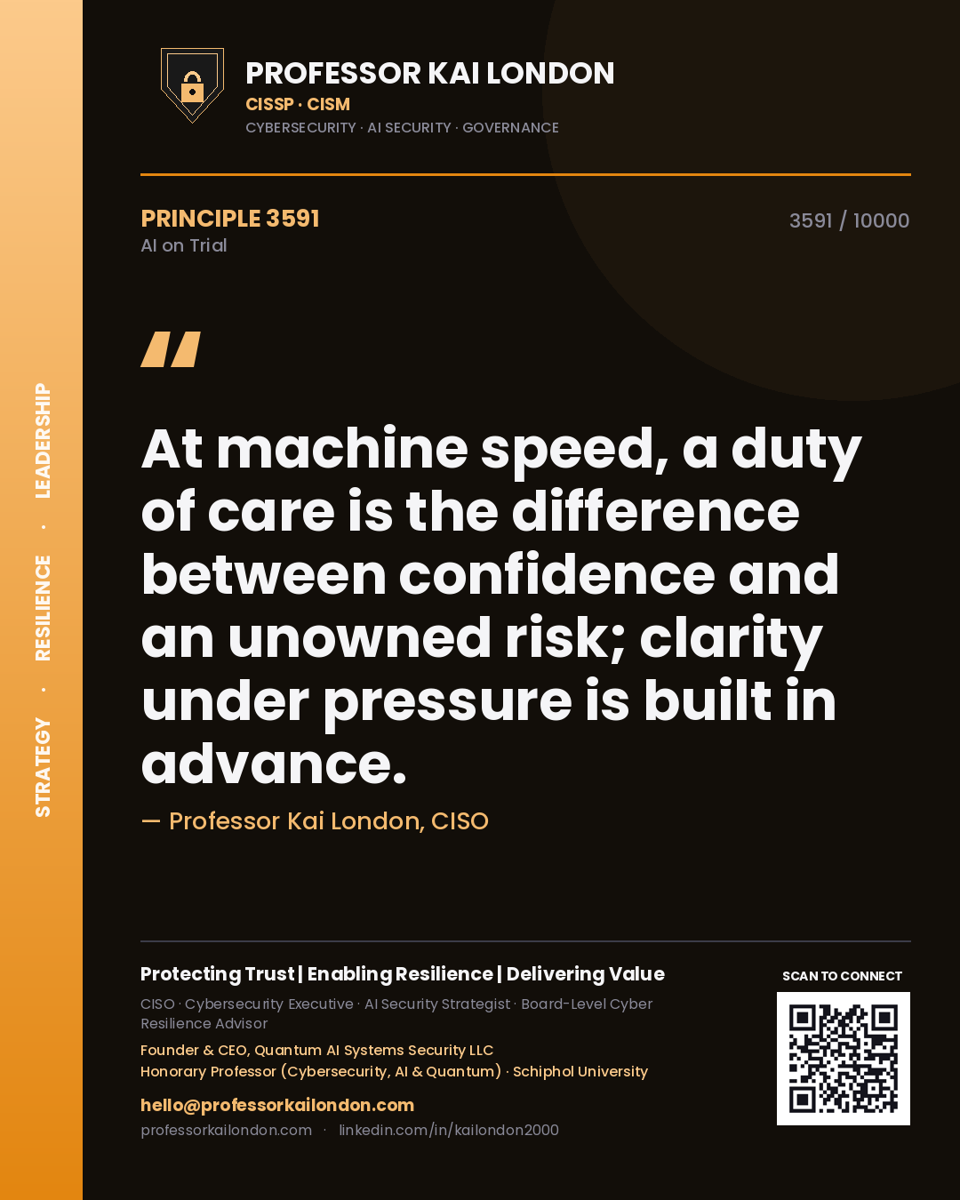 Quote card by Professor Kai London reading 'At machine speed, a duty of care is the difference between confidence and an unowned risk; clarity under pressure is built in advance.'. From the book AI on Trial.