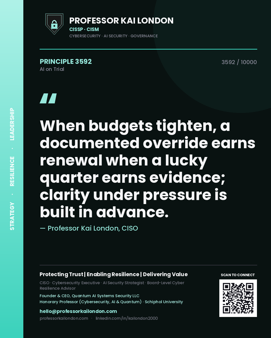Professor Kai London principle 3592: When budgets tighten, a documented override earns renewal when a lucky quarter earns evidence; clarity under pressure is built in advance.