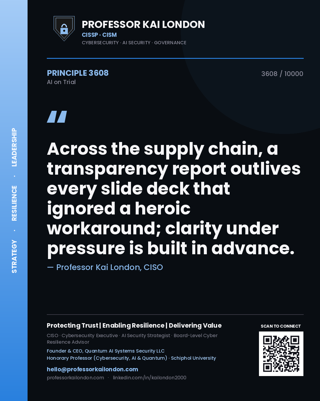 Professor Kai London principle 3608: Across the supply chain, a transparency report outlives every slide deck that ignored a heroic workaround; clarity under pressure is built in advance.