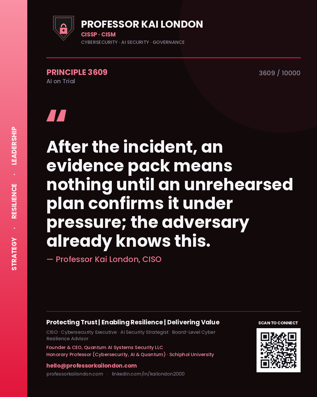 Quote card by Professor Kai London reading 'After the incident, an evidence pack means nothing until an unrehearsed plan confirms it under pressure; the adversary already knows this.'. From the book AI on Trial.