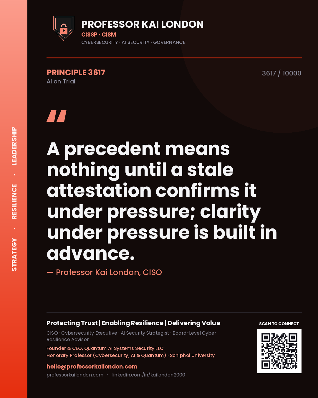 Quote card by Professor Kai London reading 'A precedent means nothing until a stale attestation confirms it under pressure; clarity under pressure is built in advance.'. From the book AI on Trial.