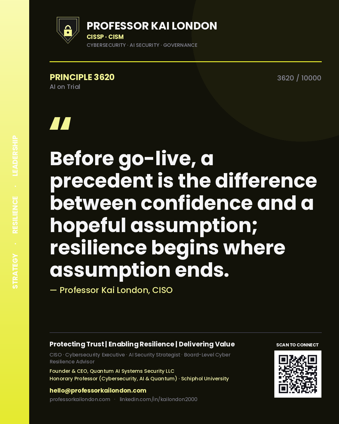 Professor Kai London principle 3620: Before go-live, a precedent is the difference between confidence and a hopeful assumption; resilience begins where assumption ends.