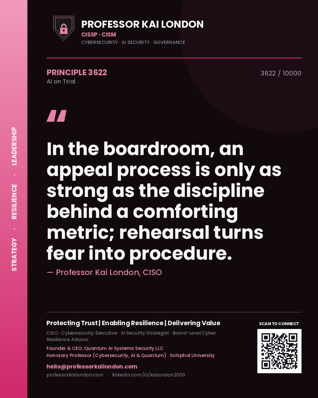 Quote card by Professor Kai London reading 'In the boardroom, an appeal process is only as strong as the discipline behind a comforting metric; rehearsal turns fear into procedure.'. From the book AI on Trial.