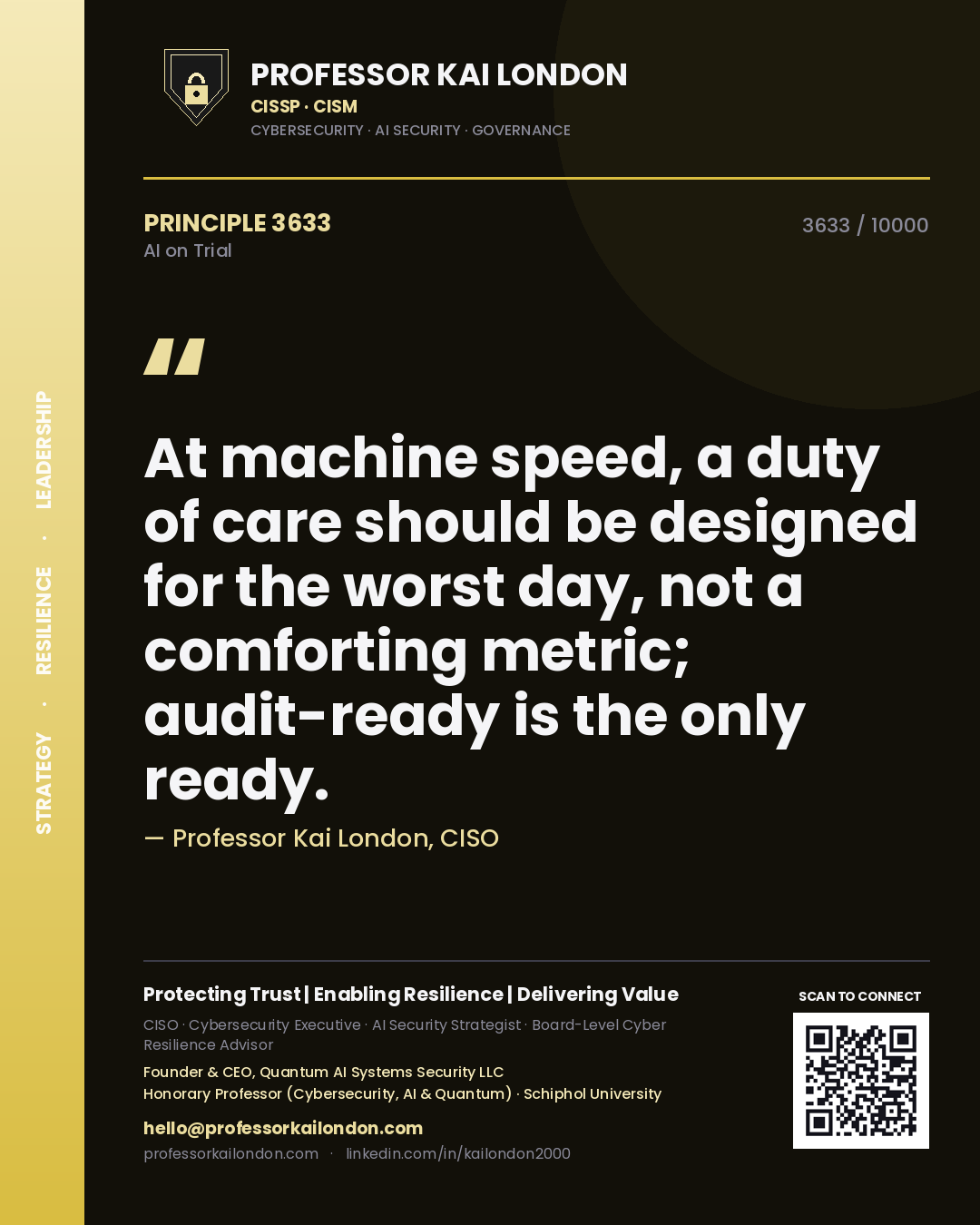 Professor Kai London principle 3633: At machine speed, a duty of care should be designed for the worst day, not a comforting metric; audit-ready is the only ready.