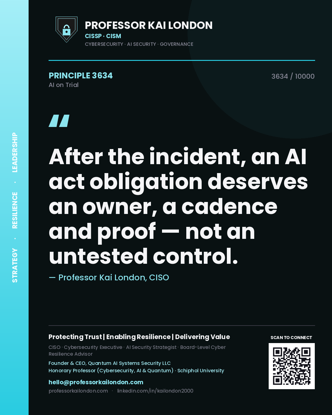 Professor Kai London principle 3634: After the incident, an AI act obligation deserves an owner, a cadence and proof — not an untested control.