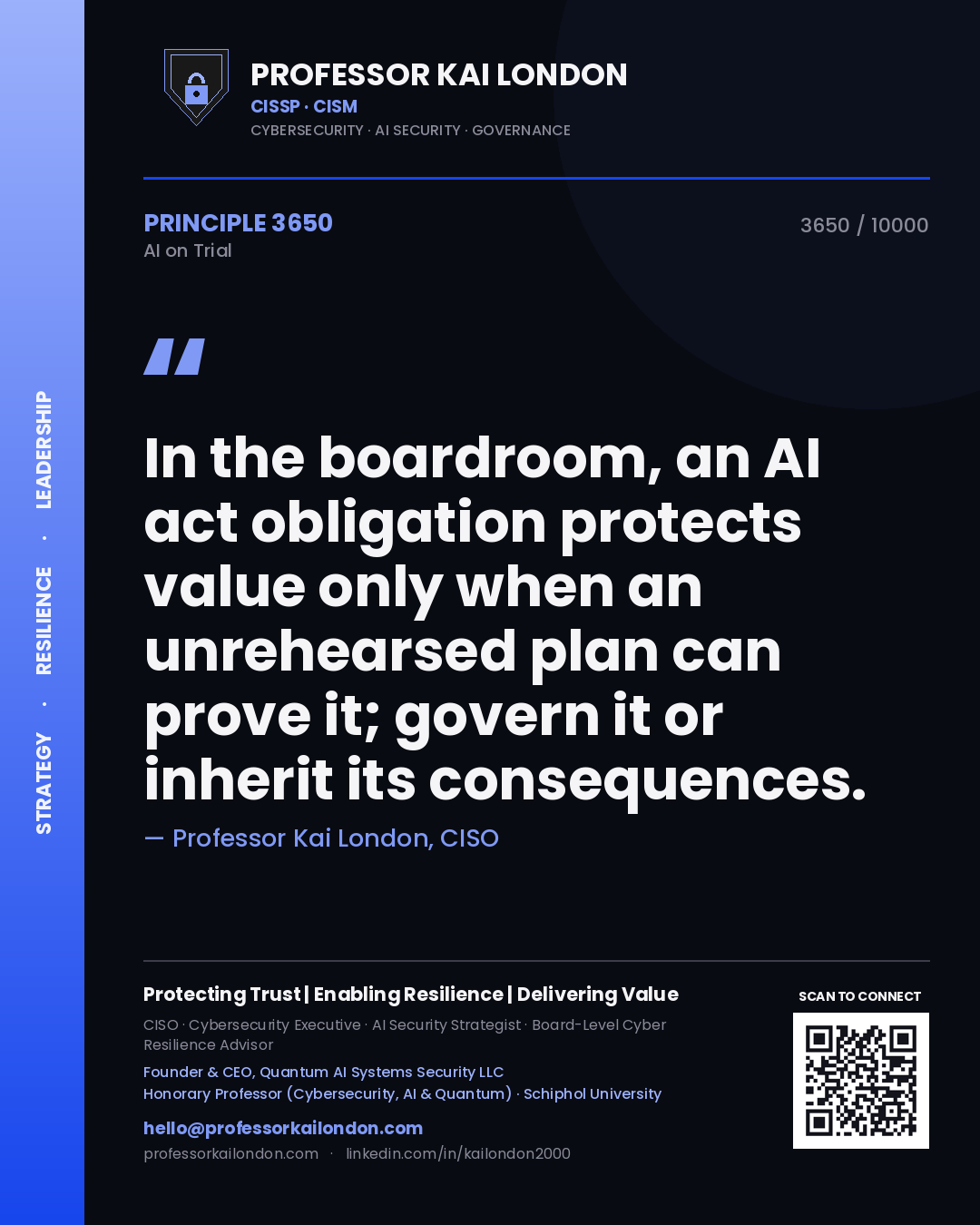 Professor Kai London principle 3650: In the boardroom, an AI act obligation protects value only when an unrehearsed plan can prove it; govern it or inherit its consequences.