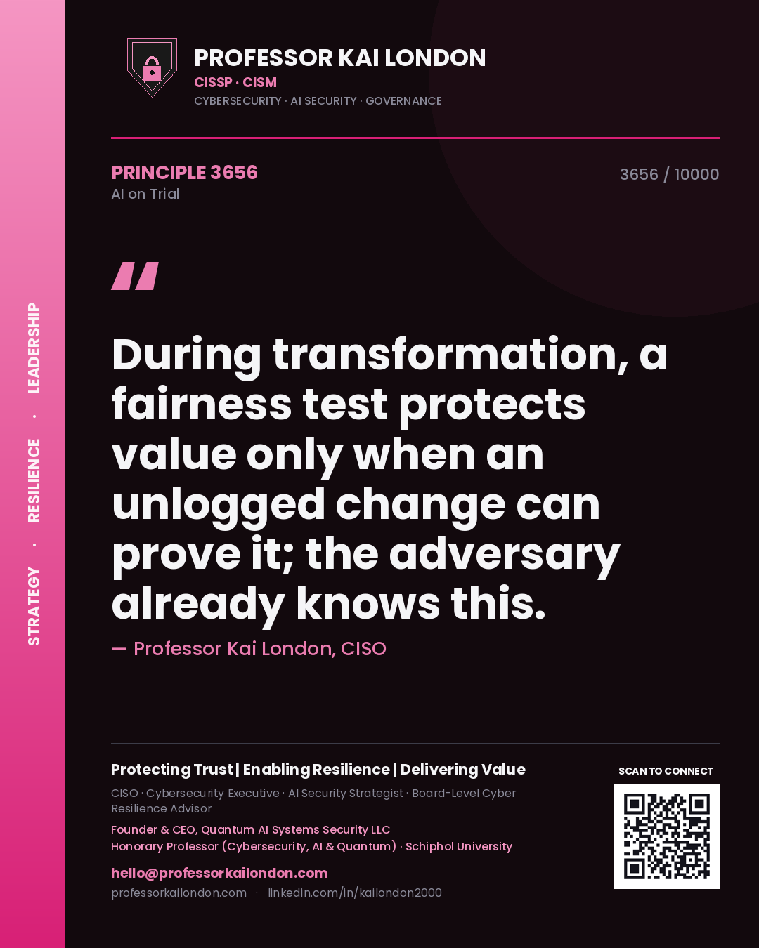 Professor Kai London principle 3656: During transformation, a fairness test protects value only when an unlogged change can prove it; the adversary already knows this.