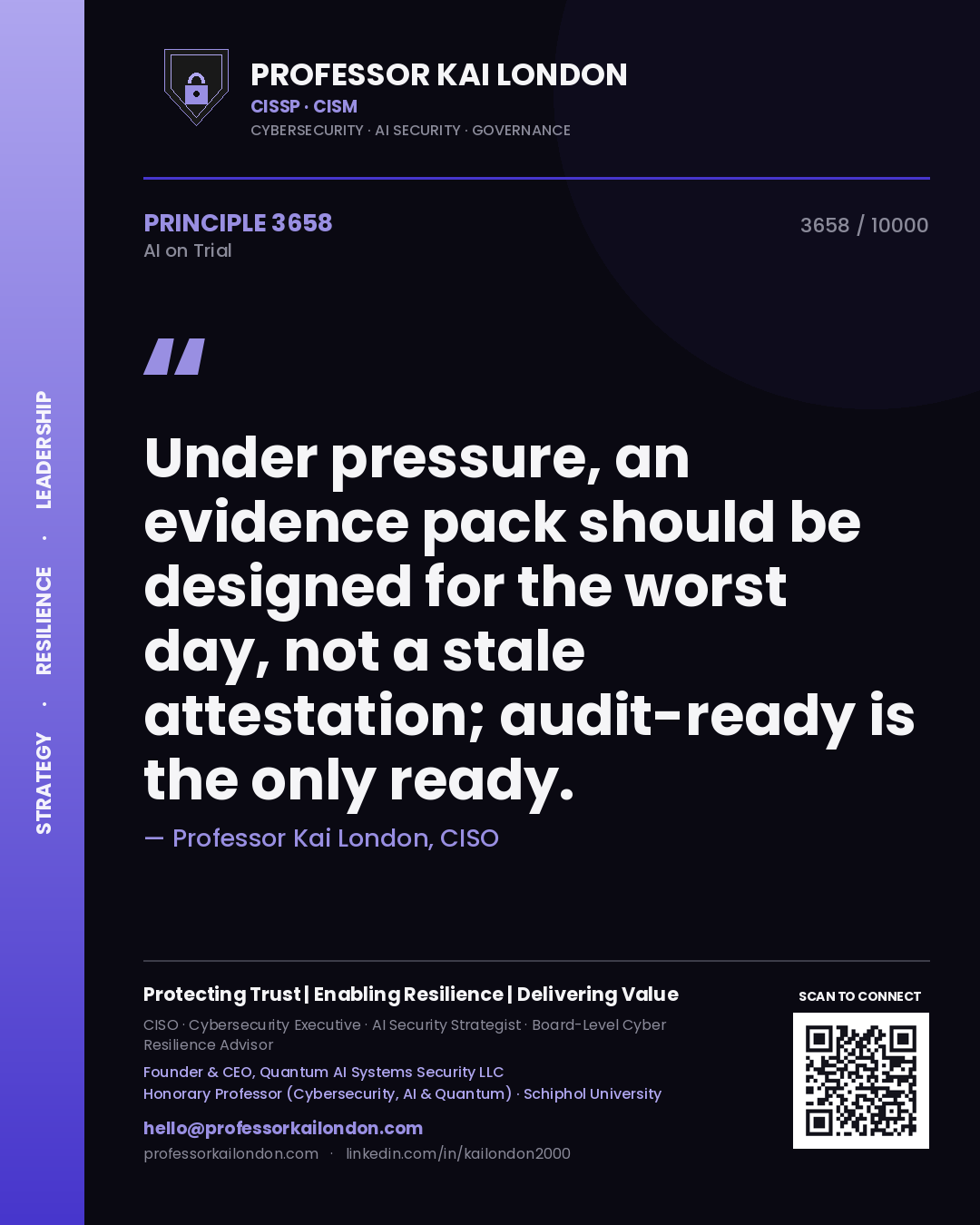 Professor Kai London principle 3658: Under pressure, an evidence pack should be designed for the worst day, not a stale attestation; audit-ready is the only ready.