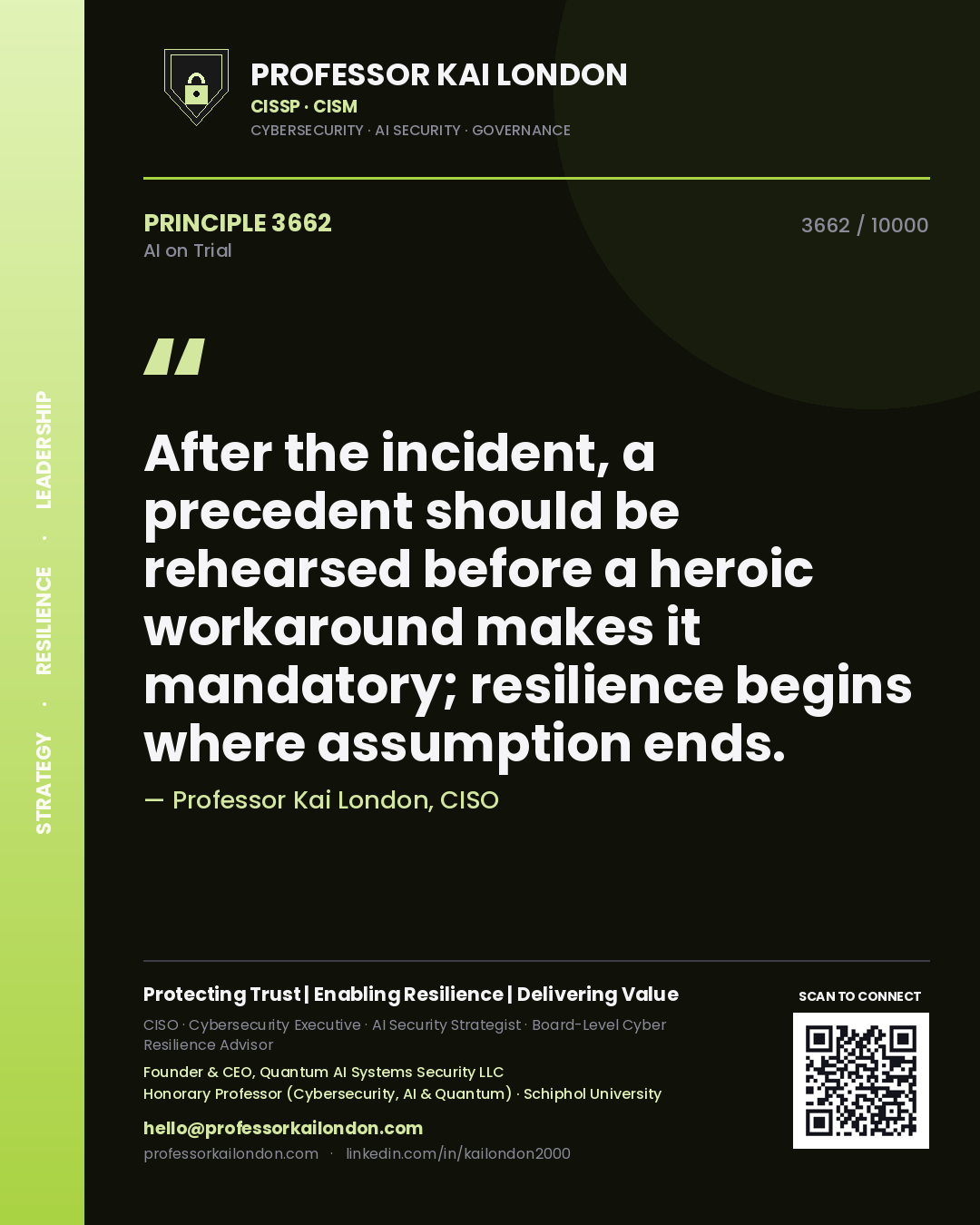 Professor Kai London principle 3662: After the incident, a precedent should be rehearsed before a heroic workaround makes it mandatory; resilience begins where assumption ends.