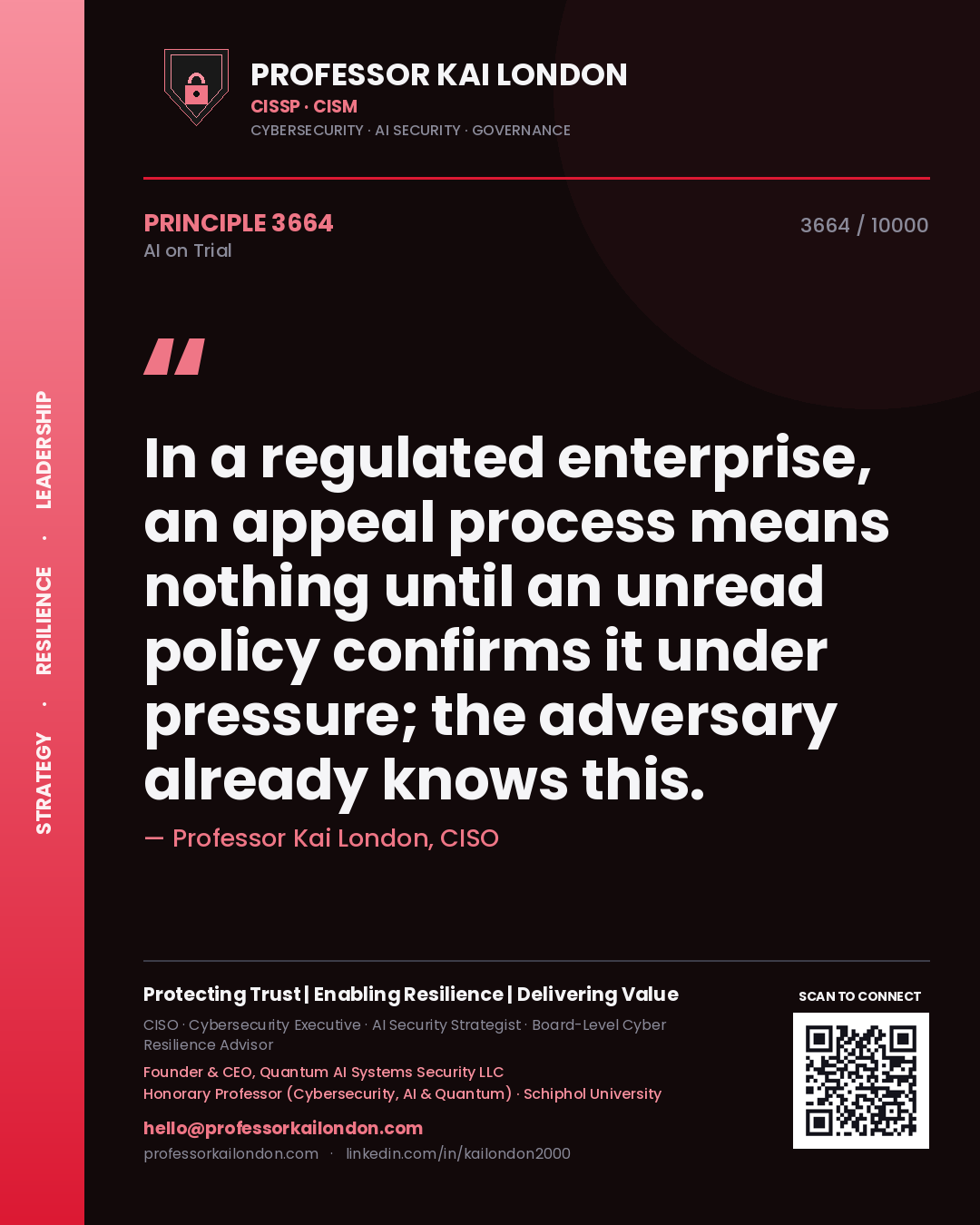 Quote card by Professor Kai London reading 'In a regulated enterprise, an appeal process means nothing until an unread policy confirms it under pressure; the adversary already knows this.'. From the book AI on Trial.