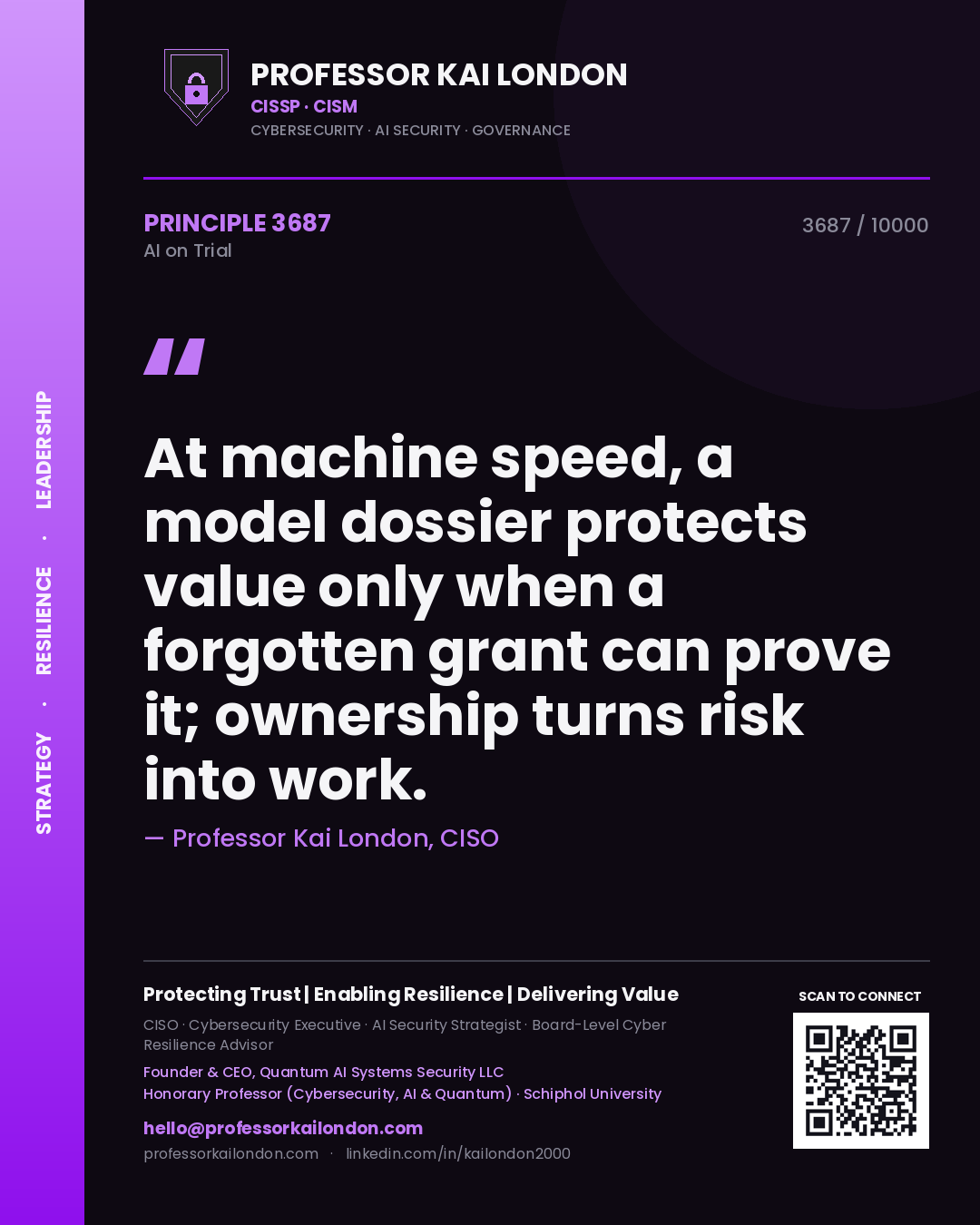 Quote card by Professor Kai London reading 'At machine speed, a model dossier protects value only when a forgotten grant can prove it; ownership turns risk into work.'. From the book AI on Trial.