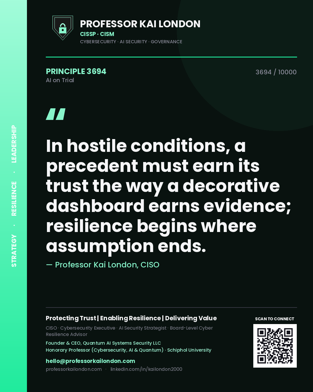 Quote card by Professor Kai London reading 'In hostile conditions, a precedent must earn its trust the way a decorative dashboard earns evidence; resilience begins where assumption ends.'. From the book AI on Trial.