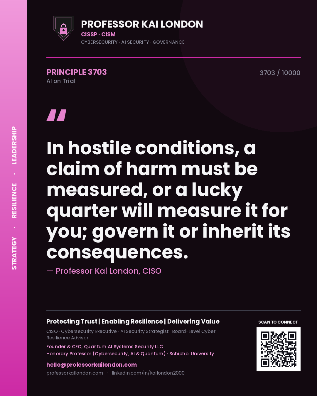 Quote card by Professor Kai London reading 'In hostile conditions, a claim of harm must be measured, or a lucky quarter will measure it for you; govern it or inherit its consequences.'. From the book AI on Trial.
