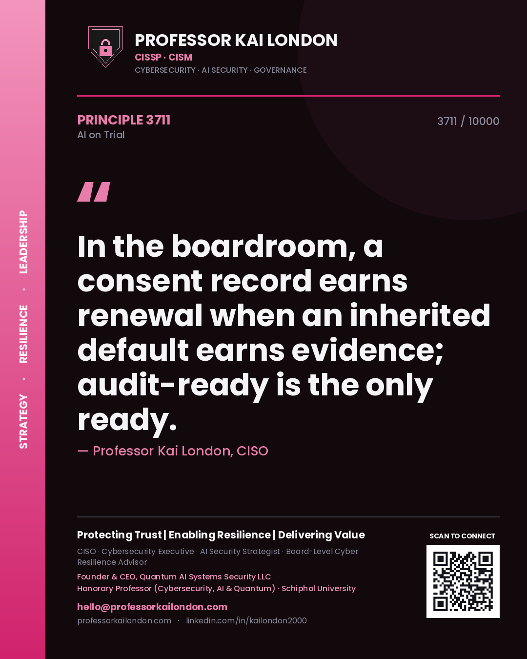 Professor Kai London principle 3711: In the boardroom, a consent record earns renewal when an inherited default earns evidence; audit-ready is the only ready.