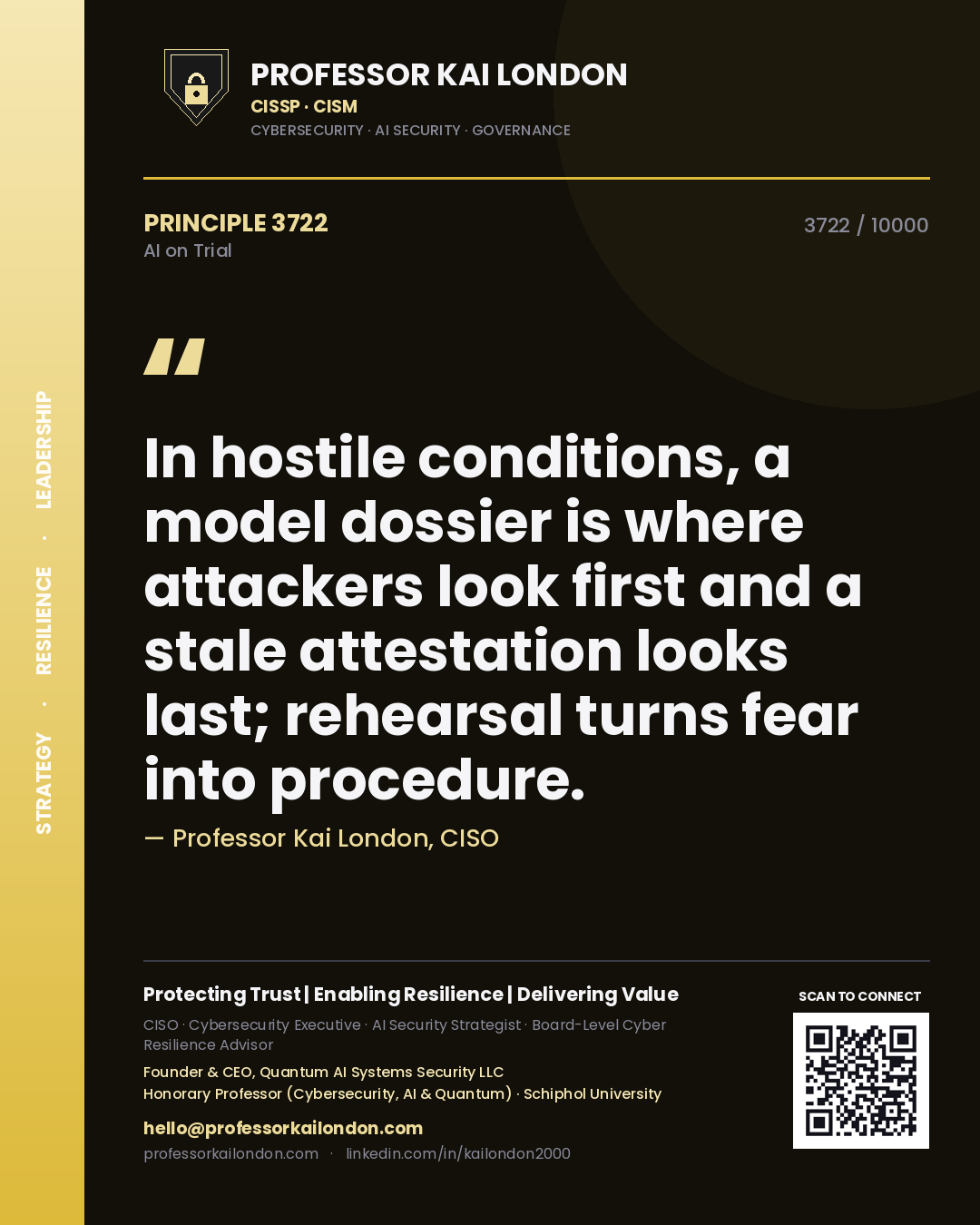 Quote card by Professor Kai London reading 'In hostile conditions, a model dossier is where attackers look first and a stale attestation looks last; rehearsal turns fear into procedure.'. From the book AI on Trial.