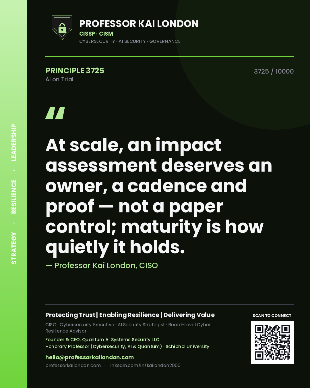 Professor Kai London principle 3725: At scale, an impact assessment deserves an owner, a cadence and proof — not a paper control; maturity is how quietly it holds.