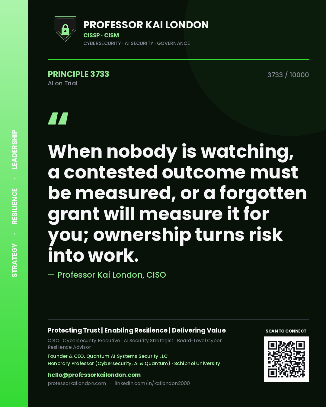 Quote card by Professor Kai London reading 'When nobody is watching, a contested outcome must be measured, or a forgotten grant will measure it for you; ownership turns risk into work.'. From the book AI on Trial.