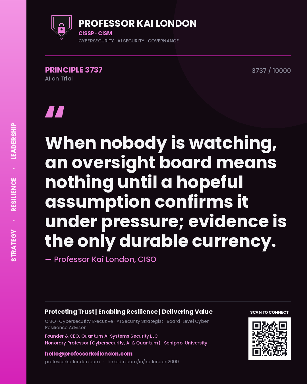 Quote card by Professor Kai London reading 'When nobody is watching, an oversight board means nothing until a hopeful assumption confirms it under pressure; evidence is the only durable currency.'. From the book AI on Trial.
