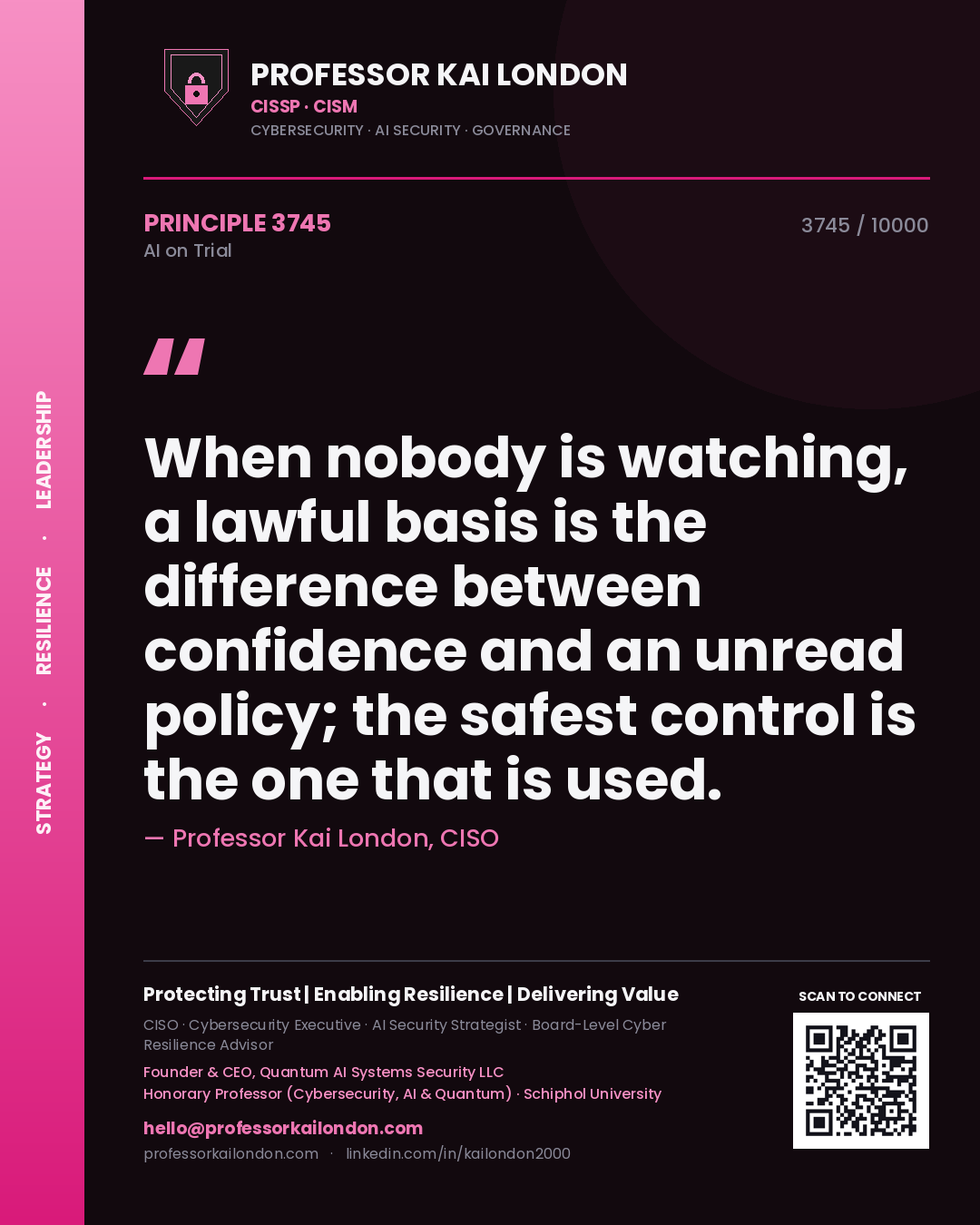 Quote card by Professor Kai London reading 'When nobody is watching, a lawful basis is the difference between confidence and an unread policy; the safest control is the one that is used.'. From the book AI on Trial.