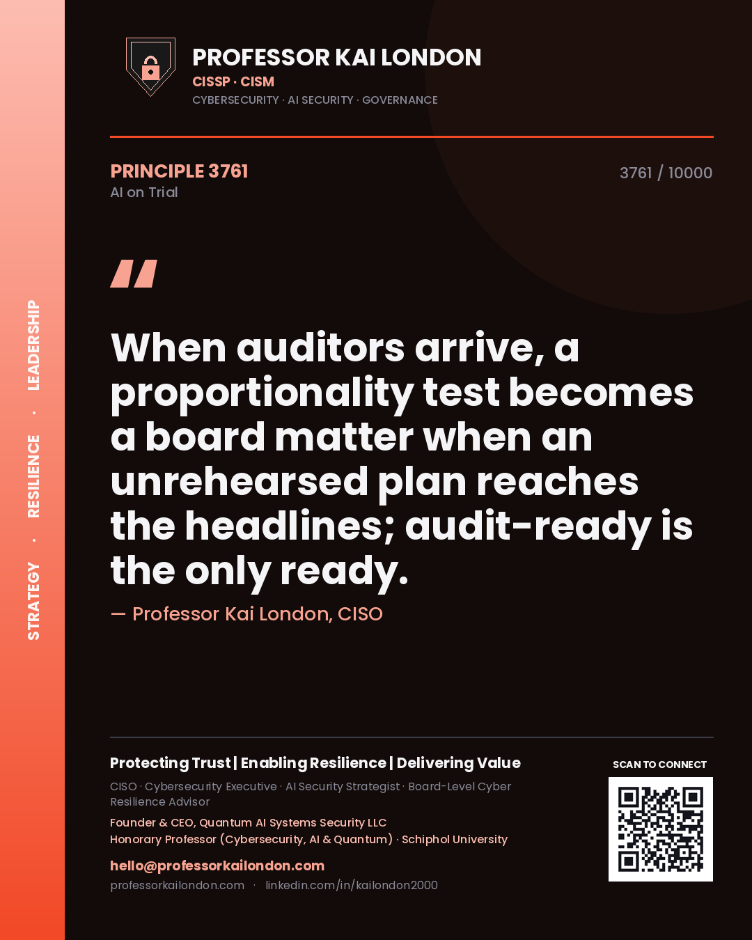 Quote card by Professor Kai London reading 'When auditors arrive, a proportionality test becomes a board matter when an unrehearsed plan reaches the headlines; audit-ready is the only ready.'. From the book AI on Trial.