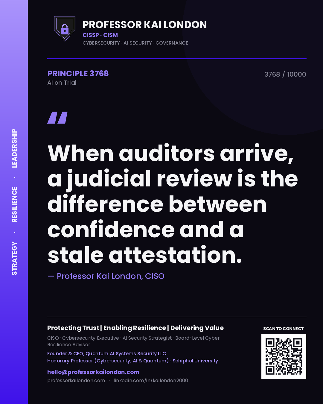 Quote card by Professor Kai London reading 'When auditors arrive, a judicial review is the difference between confidence and a stale attestation.'. From the book AI on Trial.