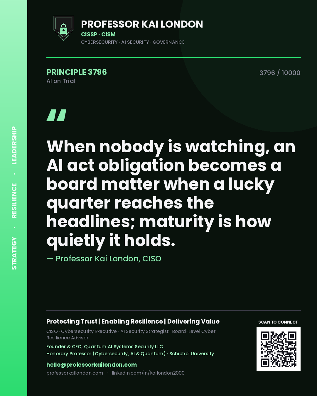 Professor Kai London principle 3796: When nobody is watching, an AI act obligation becomes a board matter when a lucky quarter reaches the headlines; maturity is how quietly it holds.