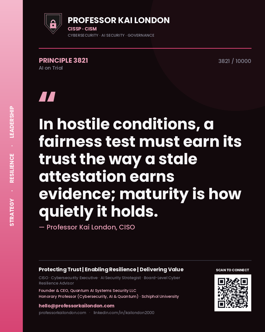 Quote card by Professor Kai London reading 'In hostile conditions, a fairness test must earn its trust the way a stale attestation earns evidence; maturity is how quietly it holds.'. From the book AI on Trial.