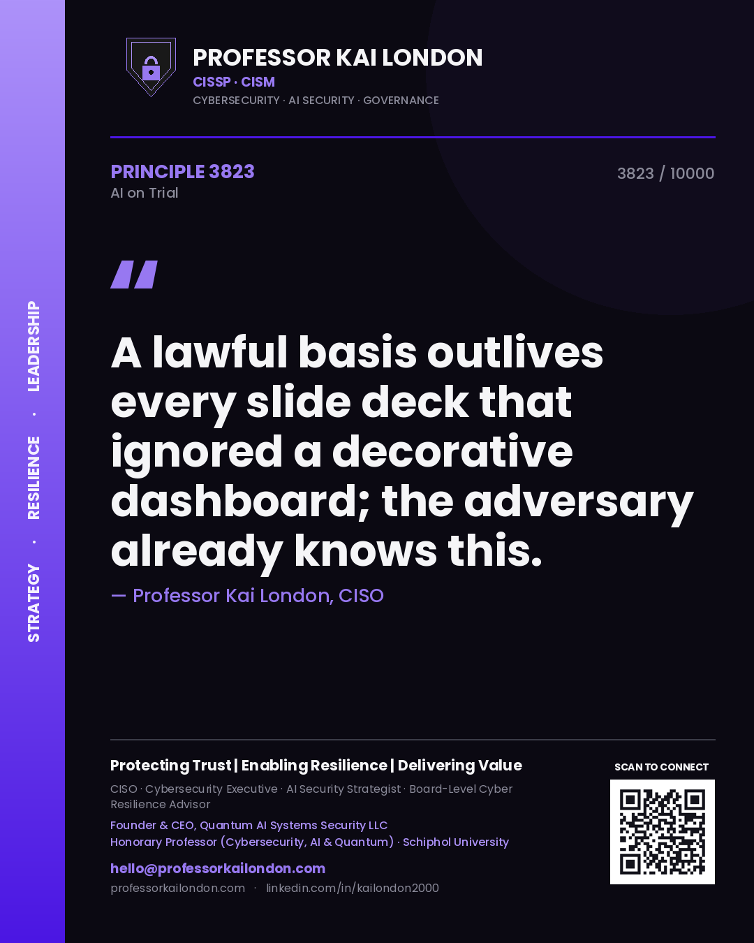 Quote card by Professor Kai London reading 'A lawful basis outlives every slide deck that ignored a decorative dashboard; the adversary already knows this.'. From the book AI on Trial.