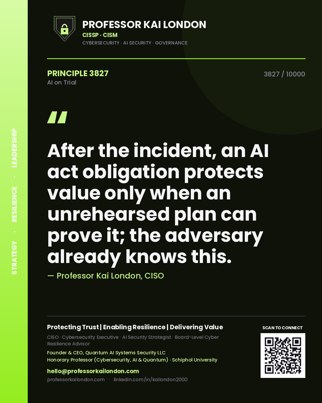 Quote card by Professor Kai London reading 'After the incident, an AI act obligation protects value only when an unrehearsed plan can prove it; the adversary already knows this.'. From the book AI on Trial.