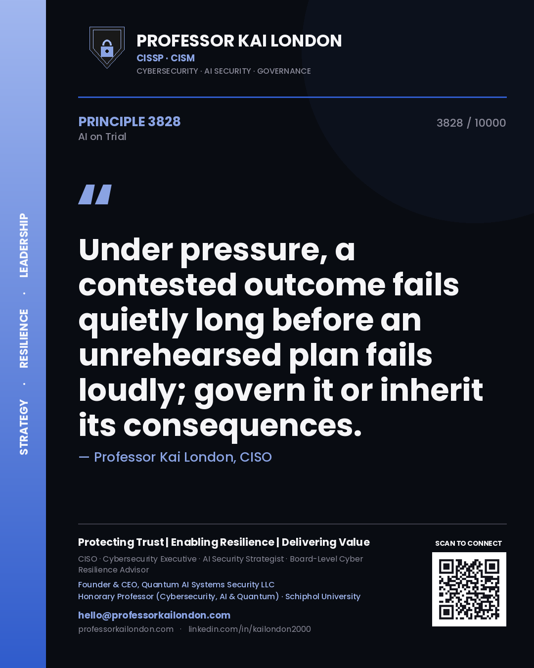 Quote card by Professor Kai London reading 'Under pressure, a contested outcome fails quietly long before an unrehearsed plan fails loudly; govern it or inherit its consequences.'. From the book AI on Trial.
