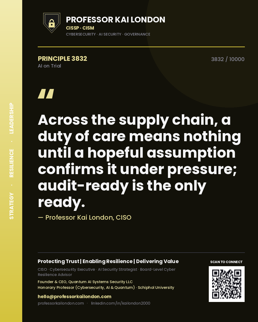 Quote card by Professor Kai London reading 'Across the supply chain, a duty of care means nothing until a hopeful assumption confirms it under pressure; audit-ready is the only ready.'. From the book AI on Trial.