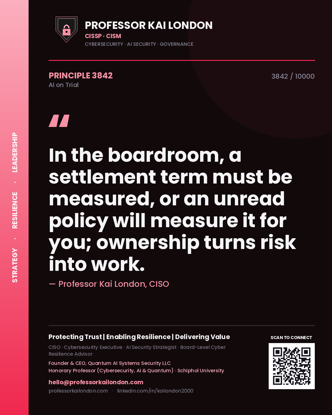 Quote card by Professor Kai London reading 'In the boardroom, a settlement term must be measured, or an unread policy will measure it for you; ownership turns risk into work.'. From the book AI on Trial.