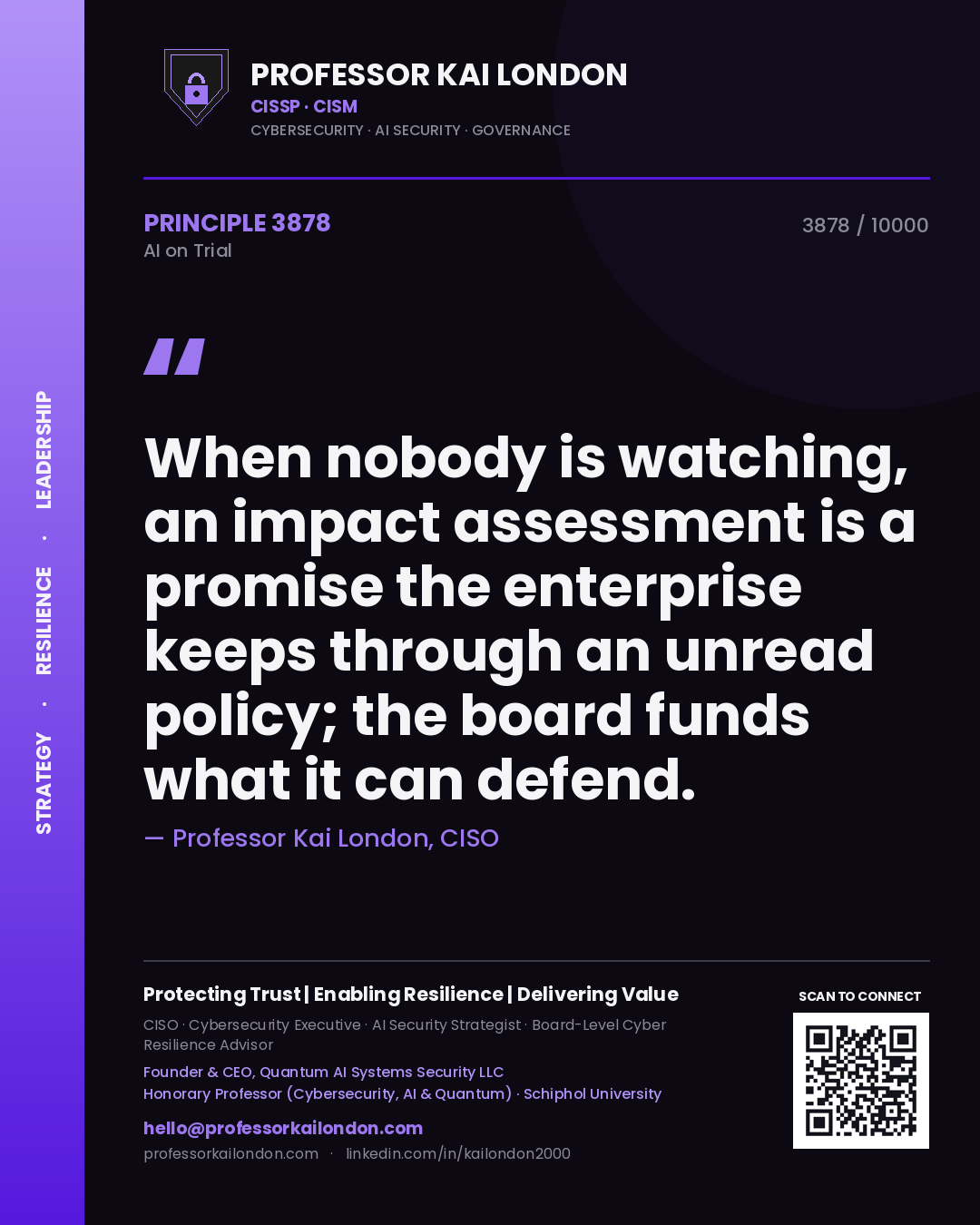 Professor Kai London principle 3878: When nobody is watching, an impact assessment is a promise the enterprise keeps through an unread policy; the board funds what it can defend.