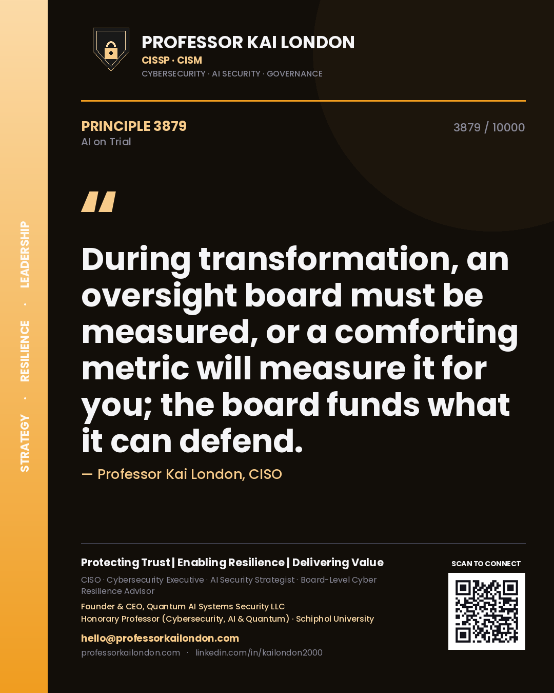 Quote card by Professor Kai London reading 'During transformation, an oversight board must be measured, or a comforting metric will measure it for you; the board funds what it can defend.'. From the book AI on Trial.