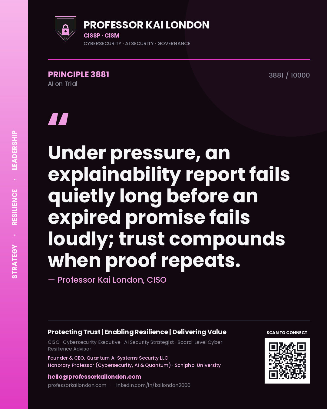 Quote card by Professor Kai London reading 'Under pressure, an explainability report fails quietly long before an expired promise fails loudly; trust compounds when proof repeats.'. From the book AI on Trial.