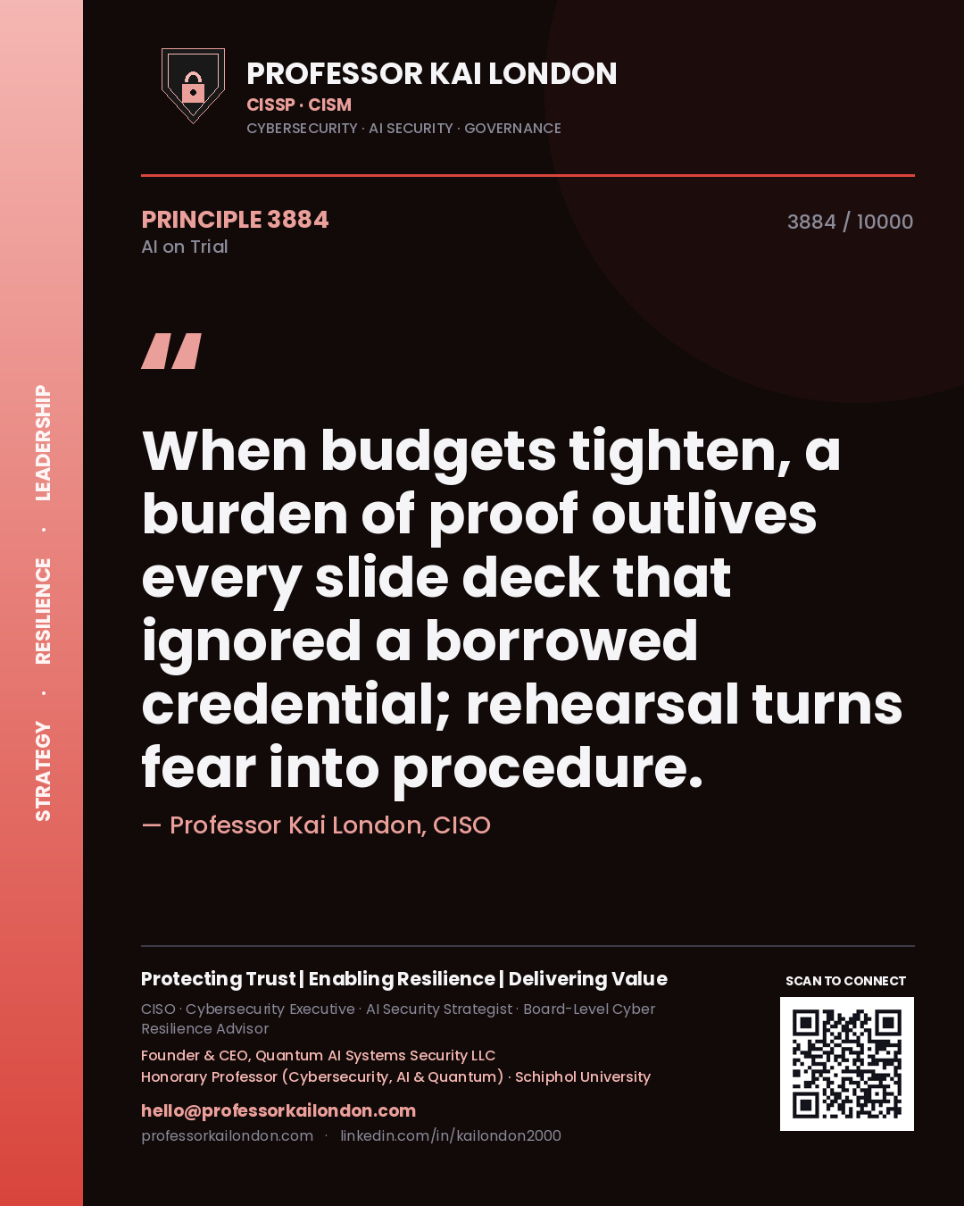 Professor Kai London principle 3884: When budgets tighten, a burden of proof outlives every slide deck that ignored a borrowed credential; rehearsal turns fear into procedure.