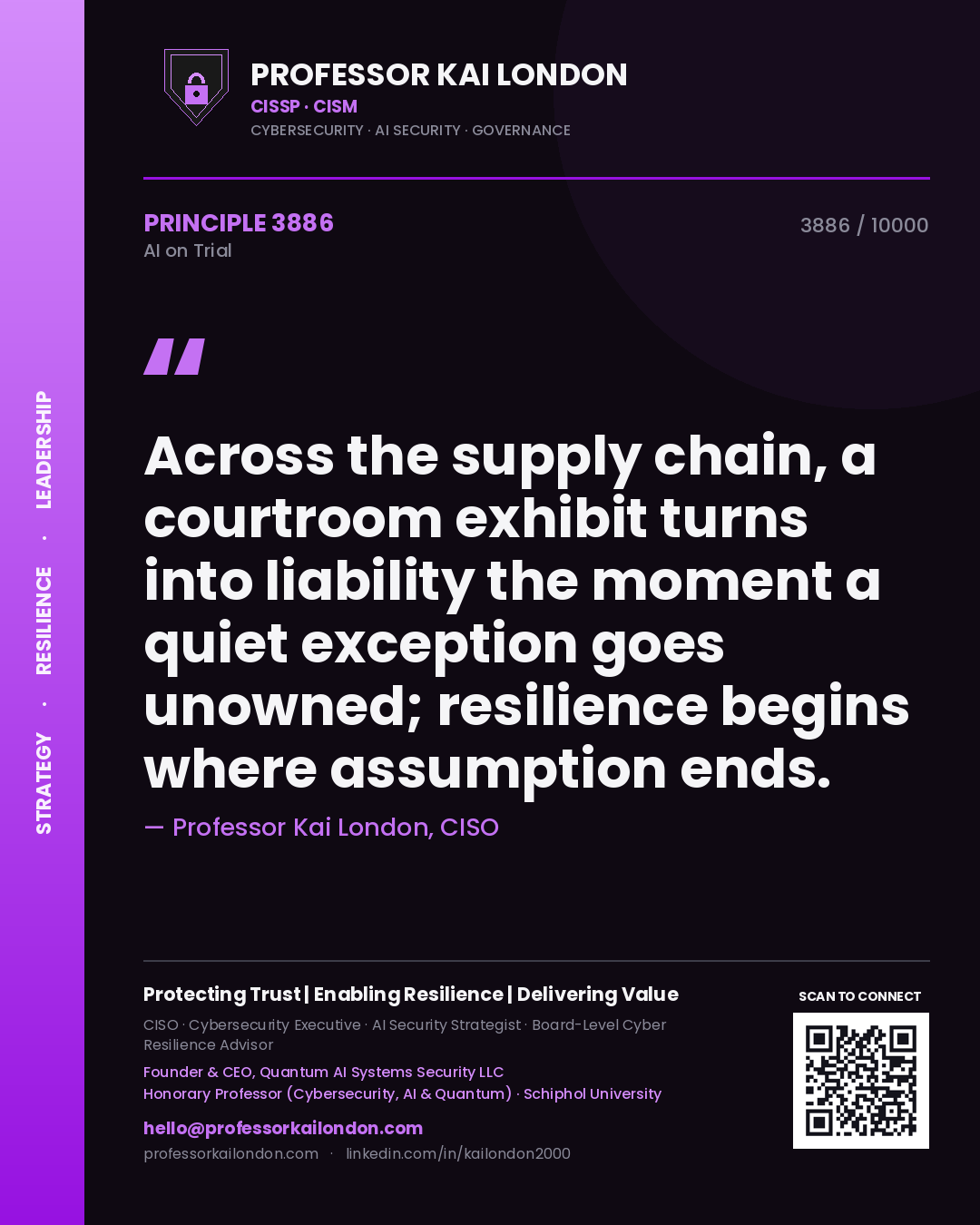 Quote card by Professor Kai London reading 'Across the supply chain, a courtroom exhibit turns into liability the moment a quiet exception goes unowned; resilience begins where assumption ends.'. From the book AI on Trial.