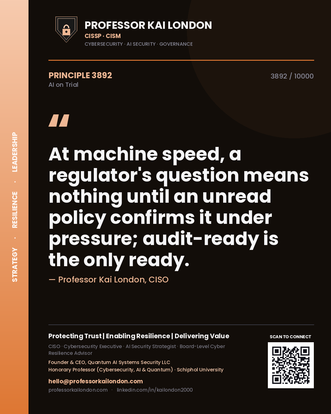 Professor Kai London principle 3892: At machine speed, a regulator's question means nothing until an unread policy confirms it under pressure; audit-ready is the only ready.
